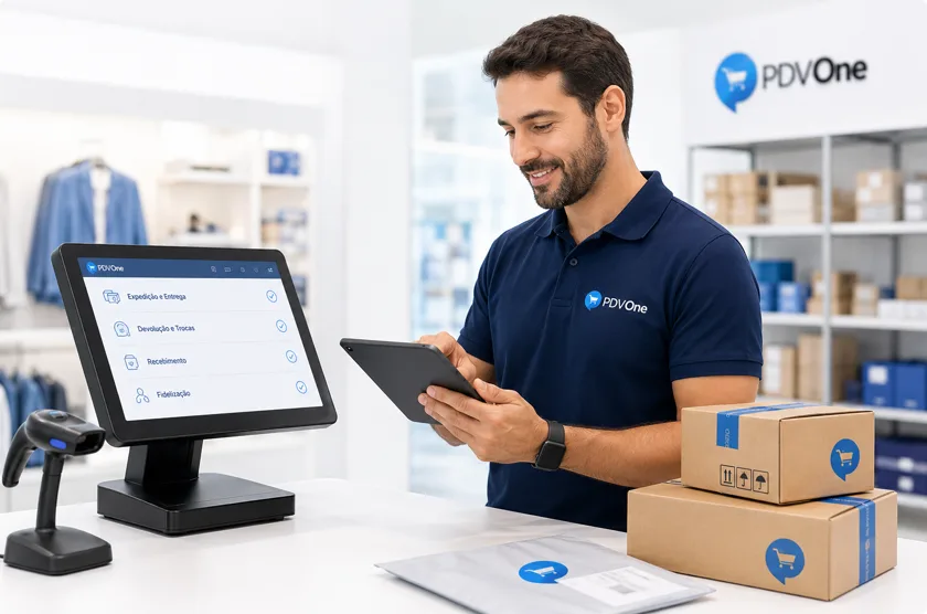 Colaborador conferindo expedição, devolução e recebimento no PDV One com tablet, ao lado de encomendas