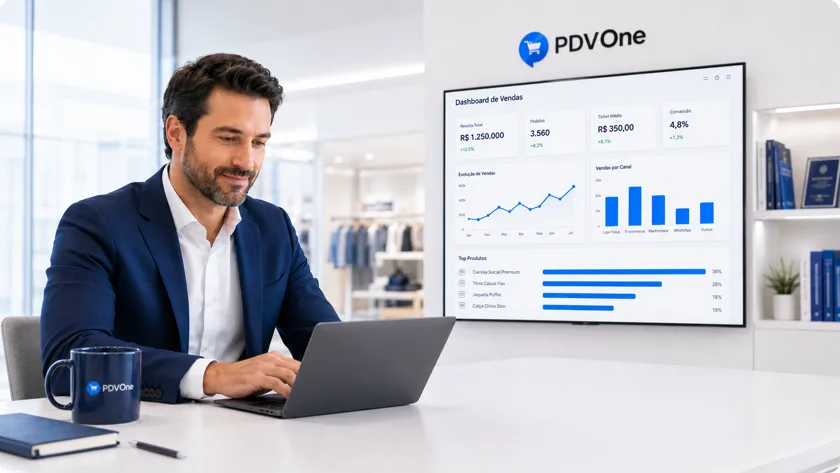 Gestor analisando dashboard de vendas do PDV One com receita, pedidos, ticket médio e vendas por canal
