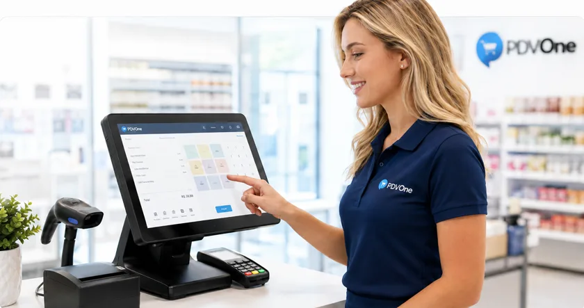 Operadora registrando venda na tela de caixa do PDV One, com pinpad ao lado